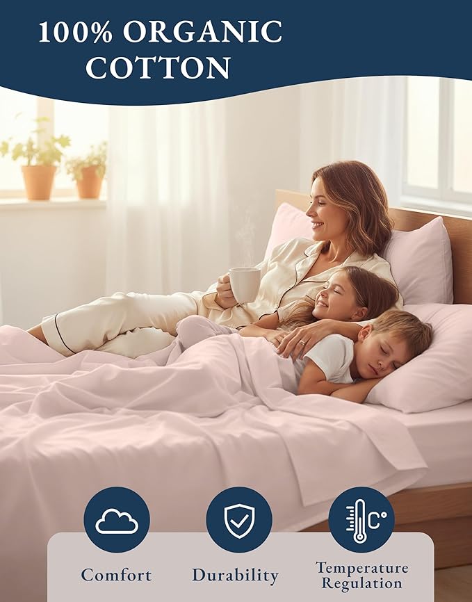 LANE LINEN 100% Organic Cotton King Size Sheets Set, Machine Washable Fully Elasticized Low Pill Fade Resistant Cotton Sheets, Soft & Comfy Percale Eco Friendly All Season sábanas King -Sepia Rose