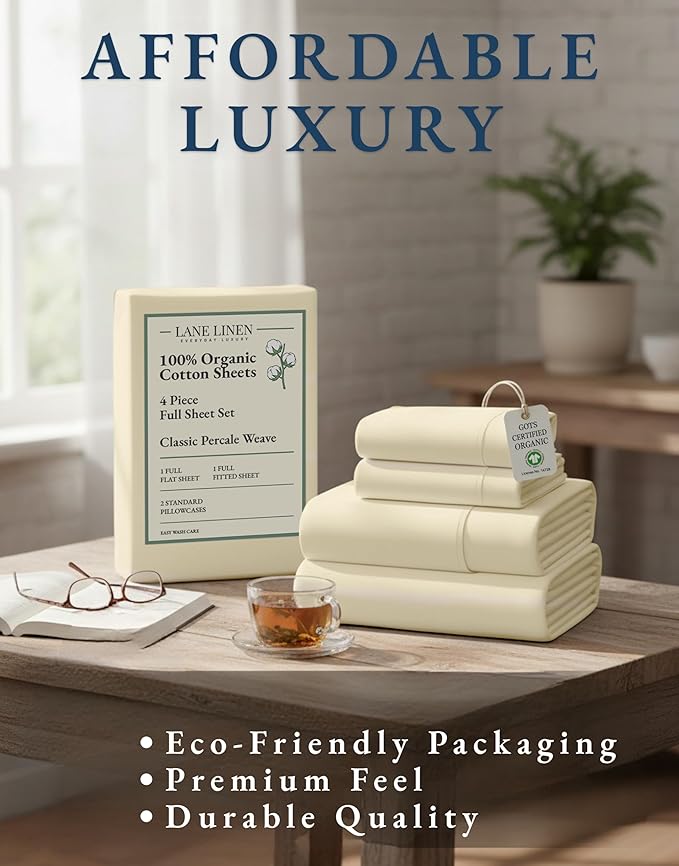 LANE LINEN 100% Organic Cotton Full Sheets Set, 4-Piece Pure Organic Cotton Percale Sheets, Long Staple Cotton Sheet, Ultra Soft Bedding Sheet, Breathable,Fits Mattress Upto 15" Deep - Natural