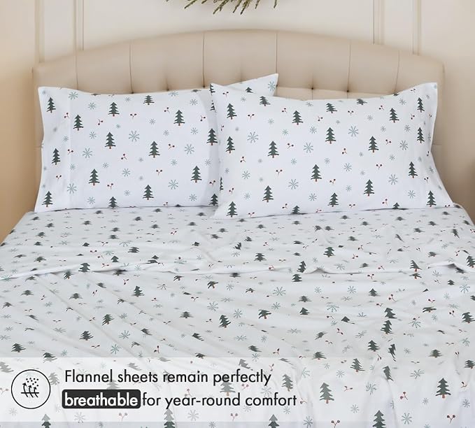 RUVANTI Flannel Sheets King Size - 100% Cotton Double Brushed King Bed Sheets Set - Deep Pockets 16 Inches - All Seasons Breathable & Extra Soft - Warm & Cozy, 4 Piece, Berry & Pine