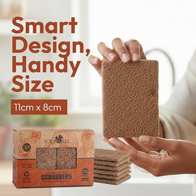 SQUIRREL Natural Coconut Coir Fiber Kitchen Scrubbers 12 Pack Biodegradable Non Scratch Dish Sponges for Eco Friendly Household Cleaning and Zero Waste Living
