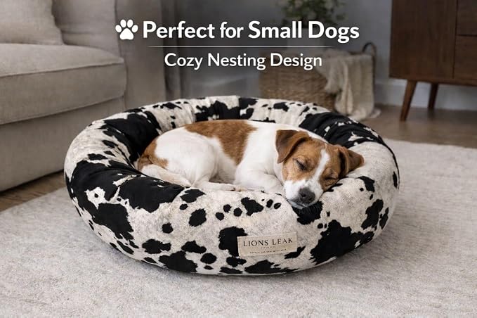 Round Dog Bed – Natural Canvas, Removable Washable Cover, Raw Cotton or Latex Fill, Hypoallergenic Non-Toxic, Made in USA (Cow Print Black White, Small, Soft Comfort – Organic Latex)
