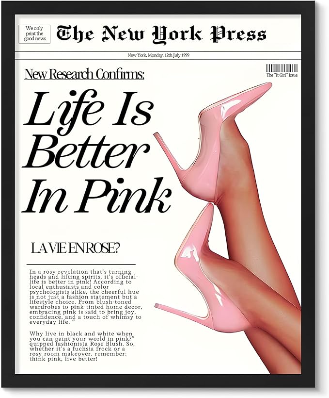 Vodefoad Trendy Newspaper Wall Art Prints Life Is Better In Pink Poster Pink Prints For Room Disco Poster for Teen Girly Bedroom Apartment, Bar Cart decor -8x10 Unframed