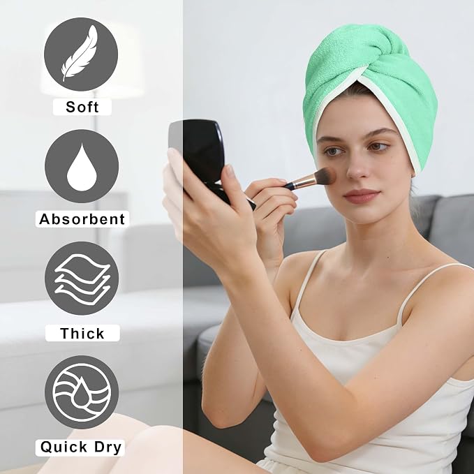 VOOVA & MOVAS Green & Navy Microfiber Hair Towel Wrap for Women, 2 Pack Elastic Loop Hair Turban, Ultra Soft Anti Frizz Fast Drying Curly Hair Towel, Highly Absorbent Reduce Heat Damage