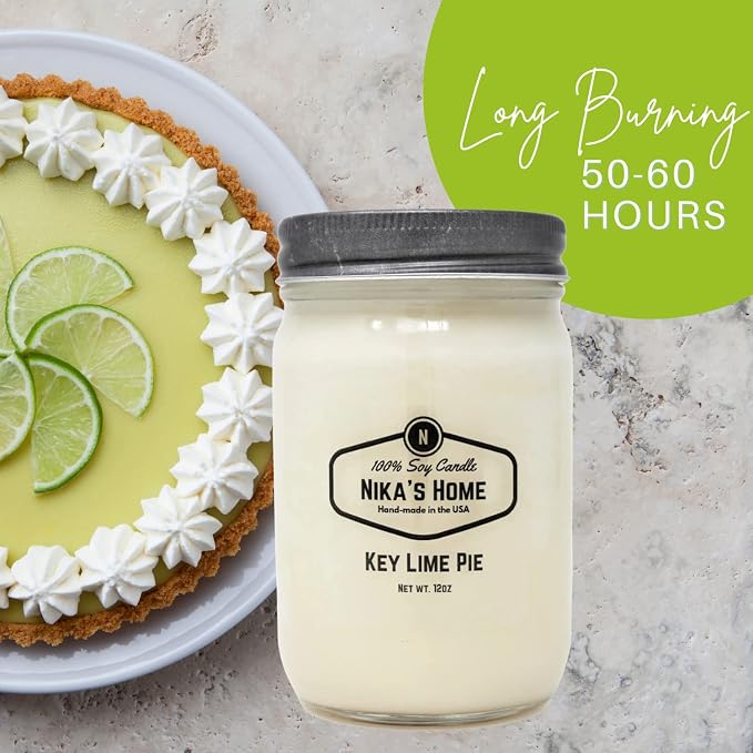 Nika's Home Key Lime Pie Soy Candle - 12oz Mason Jar - Non-Toxic - Hand Poured in The USA, Long Burning 50-60 Hours Highly Scented All Natural, Clean Burning