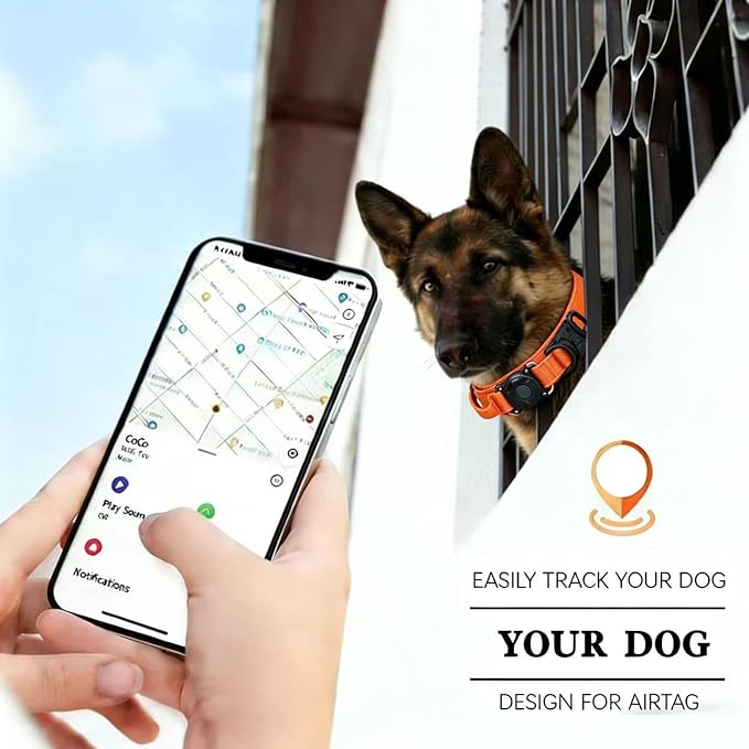 Upgraded AirTag Dog Collar,Waterproof Tactical Dog Collar with AirTag Holder, Control Handle and Metal Buckle,Heavy Duty Dog Collars for Large Dogs(Orange，M