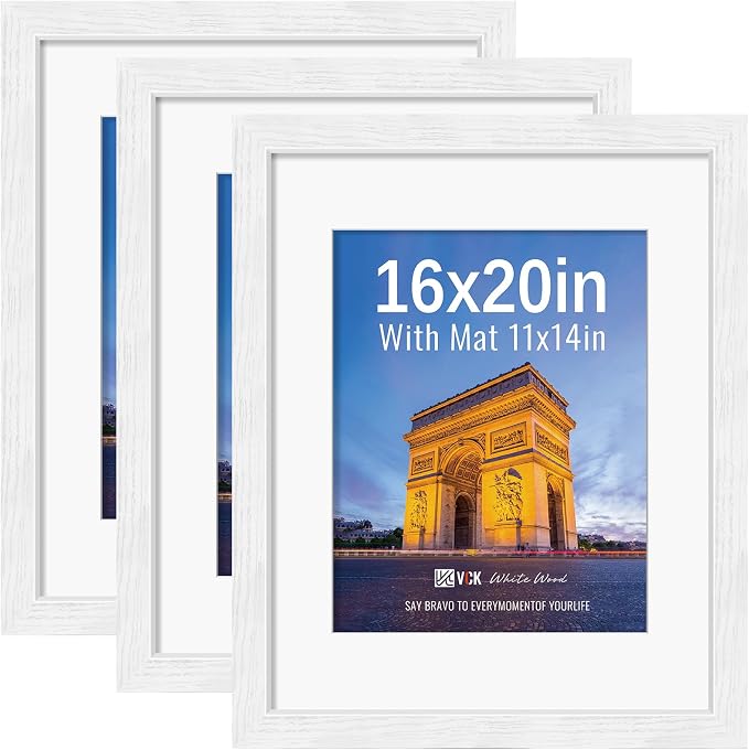 VCK 16x20 Picture Frames White 3 Pack, Wide Border Wood, Tempered Glass, Display 11x14 Photo with Mat or 16 x 20 without, for Home, Office, Gallery, Woodgrain Series, Wall Hanging
