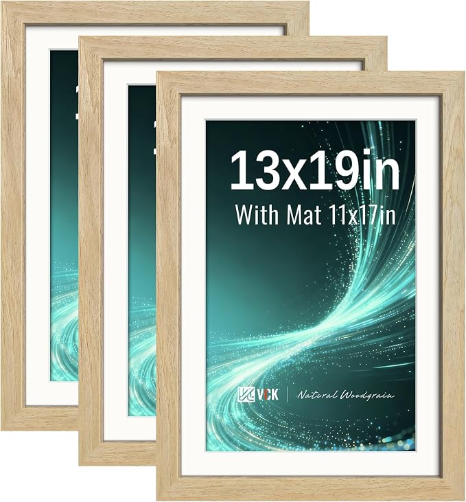 VCK 13x19 Picture Frames Natural - 3 Pack, Wide Border Solid Wood, Tempered Glass, Display 11x17 Photo with Mat or 13 x 19 Without, for Home, Office, Gallery, Woodgrain Series, Wall Hanging