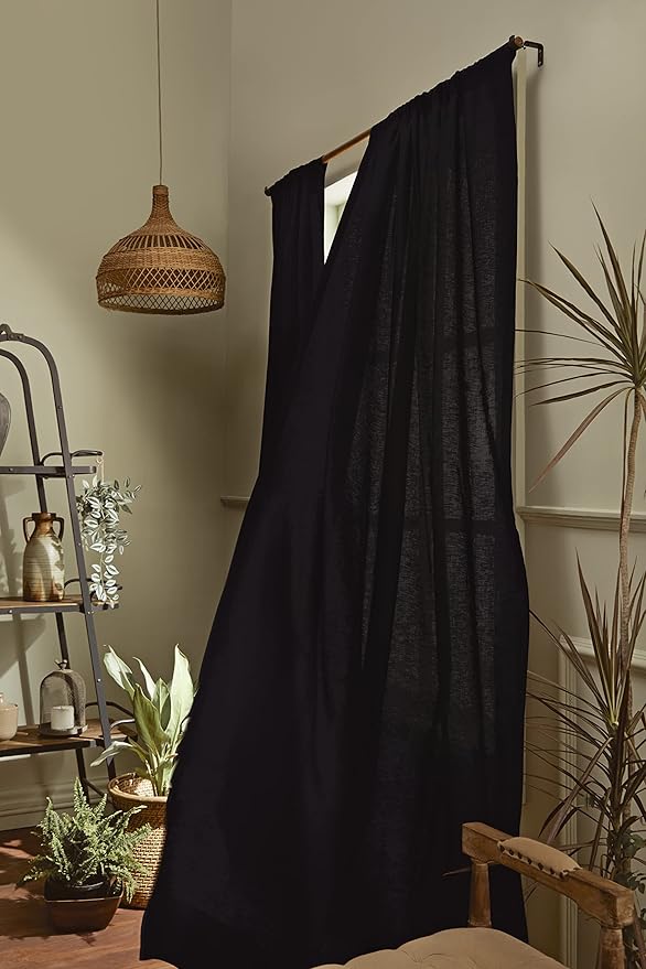 Solino Home Black Linen Curtain 52 x 120 Inch, Light Filtering Rod Pocket Curtain 120 Inches Long, 100% Pure Linen European Flax Window Treatment Panel for Living Room, Bedroom - 1 Panel
