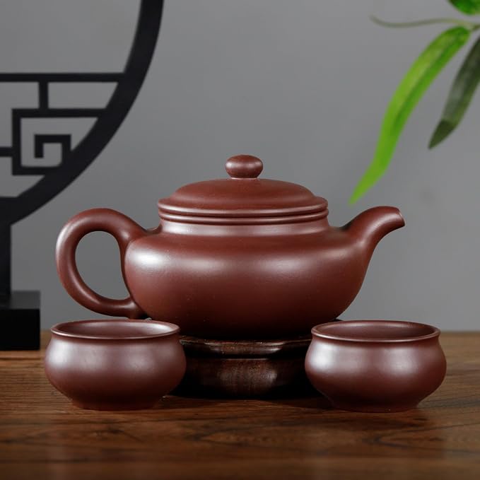 Artisan Yixing Clay Teapot 12.8 Oz with 2 Cups,Handmade Zisha Tea Pot Set -Fanggu