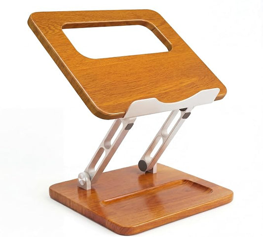 Wooden Laptop Stand with Storage Slot, Ergonomic Adjustable Height & Angle, Ventilated Cooling Design, Foldable for 10-17 Inch Laptops & Tablets