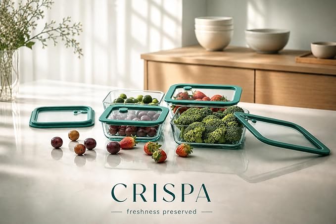 Crispa 8-Piece Teal Glass Food Storage Containers with Silicone Framed Glass Lids – 100% Plastic-Free Lunch Box Meal Prep Set (2x 40oz, 2x 20oz) – Leakproof Airtight Borosilicate for Freezer to Oven