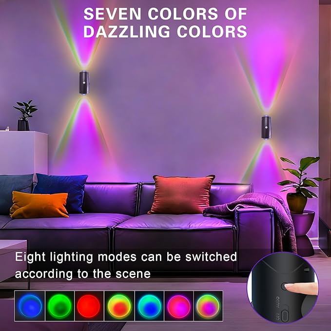 Motion Sensor Night Light Indoor, 1500mAh Rechargeable RGB Color Changing LED Wireless Wall Sconce Set of Two with Magnetic Base, Peel and Stick Sconces for Bedroom, Bathroom, Hallway, Stairs