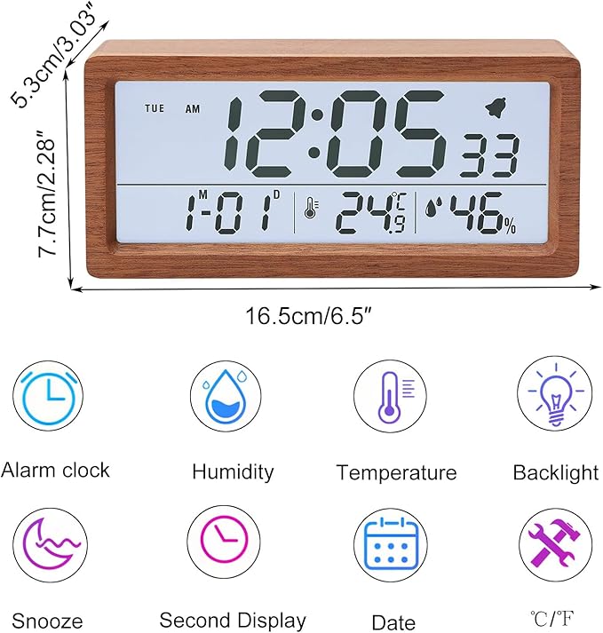Digital Wooden Alarm Clock with Backlight Temperature Humidity LCD Big Display Soft Date Week 12/24 Hour Switch Snooze Mode Easy to Use for Students Office
