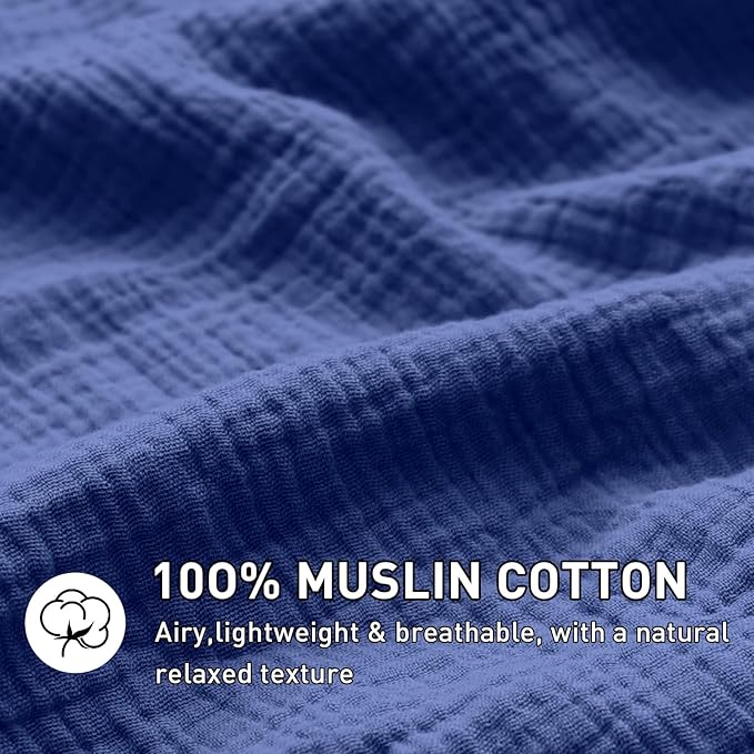 EMME Muslin Cotton Duvet Cover Set Navy Twin Size Linen Like Soft Breathable Lightweight Summer Comforter Cover Set with Zipper Closure (Navy, Twin, 68"x90")