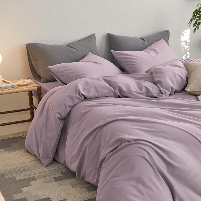 MooMee Queen Duvet Cover Set, 100% Washed Cotton Linen Like Twill Thick Sturdy Material Super Soft Breathable Durable Bedding for All Season, 3 Pieces (Lavender, Queen 90"x90")