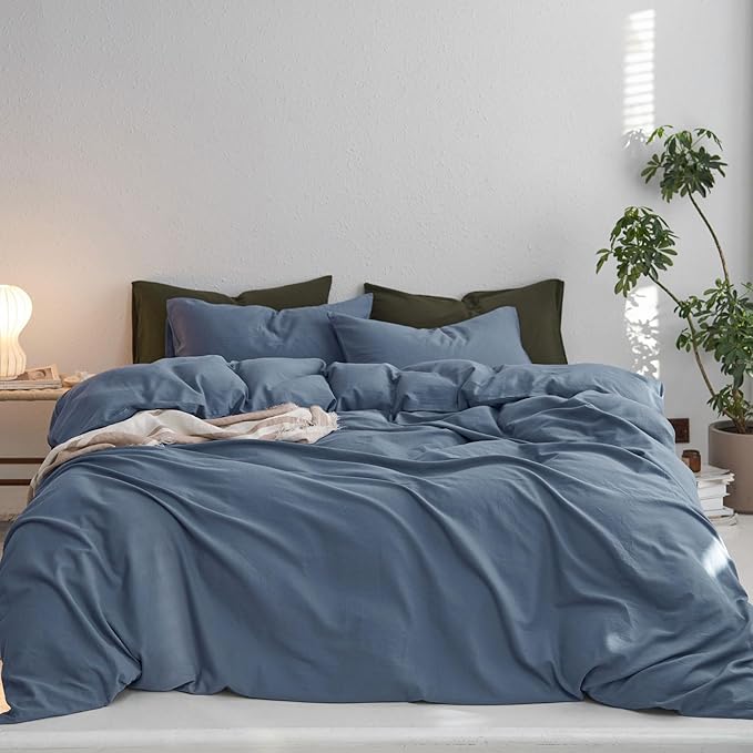 MooMee Duvet Cover Set, 100% Washed Cotton Linen Like Twill Thick Sturdy Material Super Soft Breathable Durable Bedding for All Season, 3 Pieces (Blue, Cal King 104"x98")