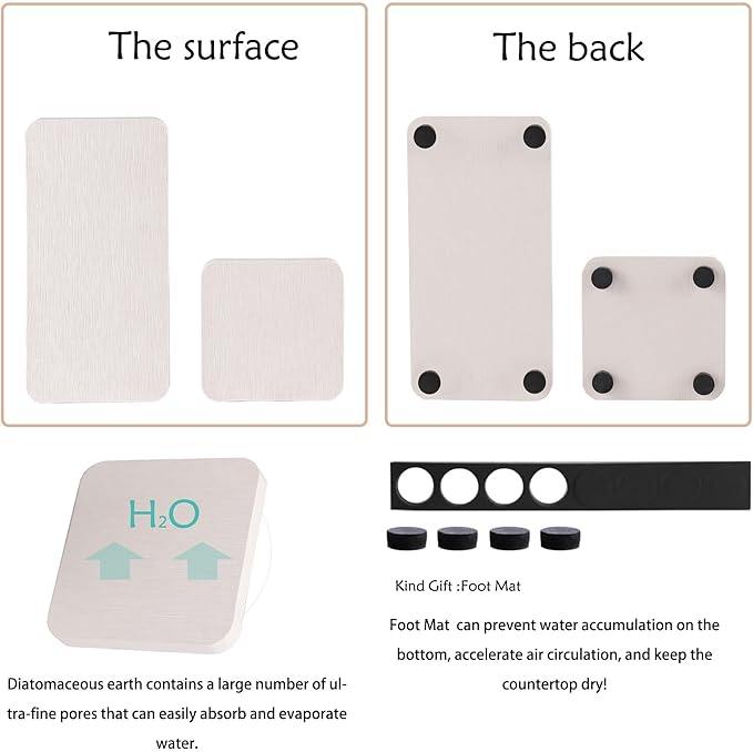 NiuYichee Water Absorbing Stone Tray for Sink, Quick-Drying Diatomite Bathroom Trays, Kitchen Sink Soap Dish, 2pcs 3.15 x 3.15in + 2pcs 6.3 x 3.15in, White