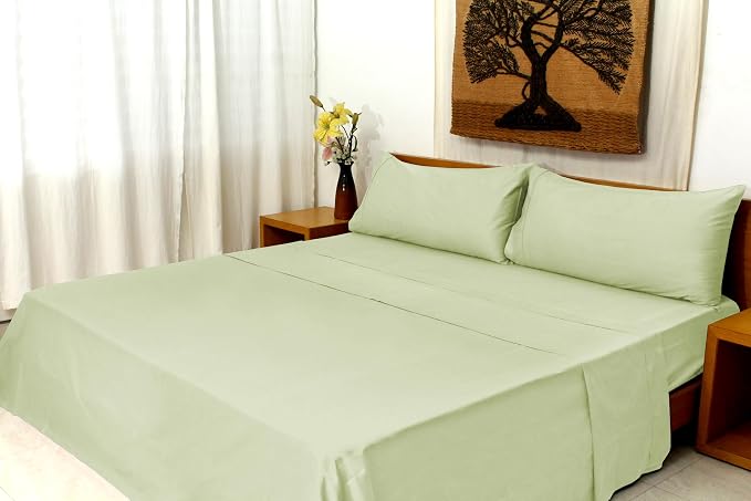 Organic Cotton Long Staple Silky Soft Single Pick Sateen Bed Sheet Set - Luxurious & Premium Hotel Quality - GOTS Certified - Solid Dyed (Tea Green, Queen (U.S. Standard))