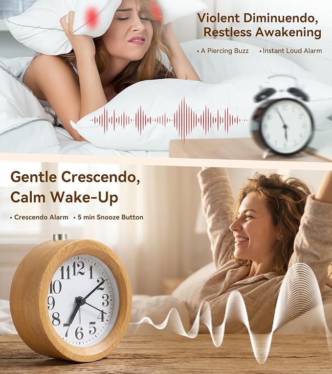 Wood Analog Alarm Clock - Non-Ticking Silent Small Round Clock, Battery Operated with Warm Night Light & Snooze Button for Students,Men,Women for Bedrooms/Desk/Bedside/Shelf, 3.7x3.7x1.7in