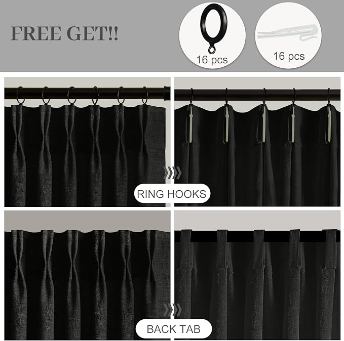 IVAPUPU Pinch Pleated Curtains 90 Inches Long, Light Filtering Thick Linen Textured Curtain Memory Trained Back Tab Window Drapes with Hooks Rings for Bedroom Living Room, 2 Panels, Black, 40x90