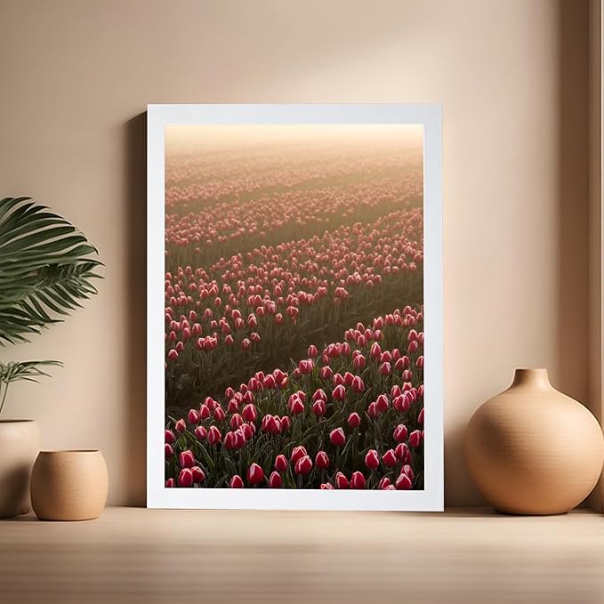 Monem Art Golden Tulip Field Sunset Photography Print - Romantic Spring Landscape Art Poster - Wall Decor for Living Room, Bedroom or Office - 16x20 White Framed Wall Art by Mareike Bohmer