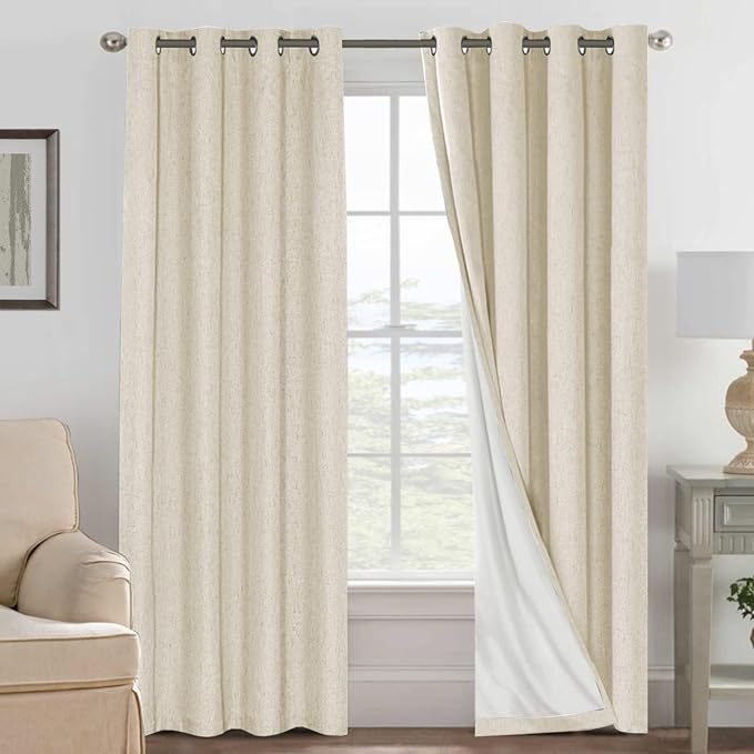 H.VERSAILTEX Blackout Curtains Linen Curtains 120 inches Long 100% Black Out Curtains for Bedroom Windows, Textured Linen Look Draperies Grommet with White Liner, 2 Panels, Bleached Sand