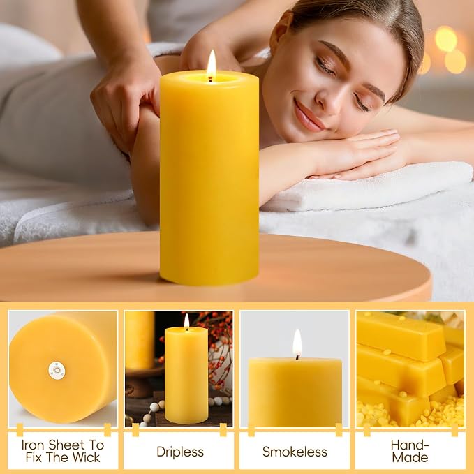 2.8x8in Beeswax Pillar Candles-1pcs,145H Long Burning,Emergency Beeswax Candles,Non Toxic Natural Bees Wax Candles for Home