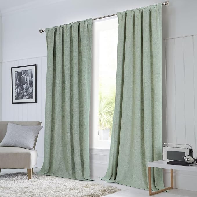 CUCRAF Custom Linen 100% Total Blackout Curtains, Sage Green Back Tab and Rod Pocket Curtain for Living Room Bedroom, Light Blocking Drapes Thermal Insulated 1 Panel (Custom Size, Color)