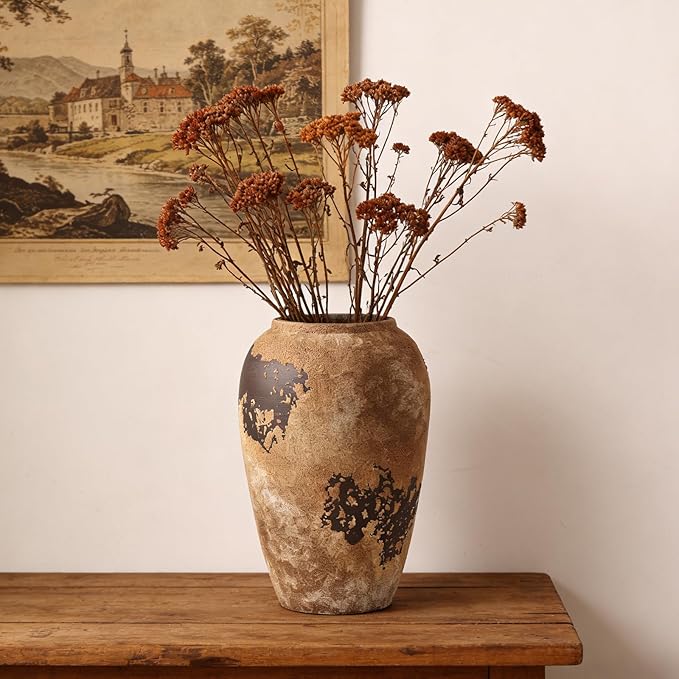 Rustic Ceramic Vase, 10.6 Inch Wabi Sabi Decorative Pottery Flower Vase, Vintage Neutral Vase for Centerpieces, Living Room, Shelf, Entryway, Wedding, Table Decoration