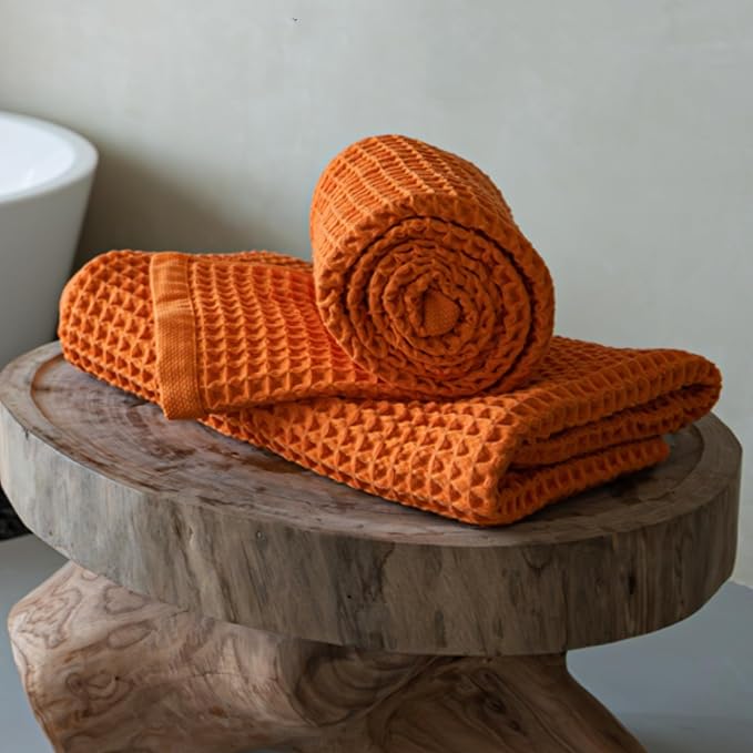 Luxury Organic Japanese Cotton Waffle Bath Towel | Thick, Absorbent, Quick Dry Bathroom Towels for Shower, Sauna, Onsen| Hotel & Spa Quality, Gift-Ready (Coral Orange, Bath Sheet (2 Pack))