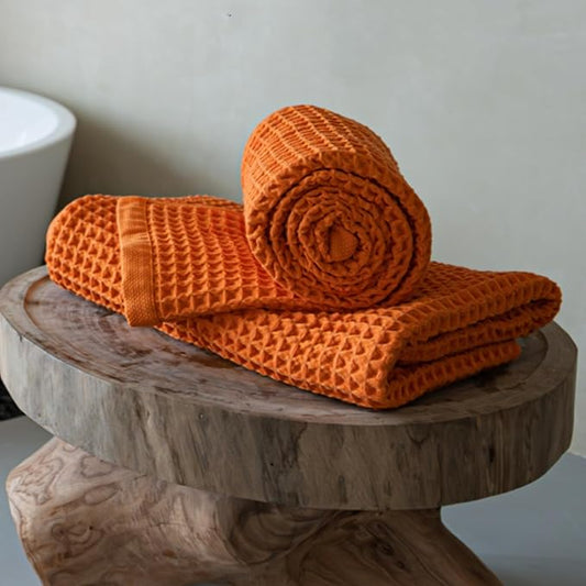 Luxury Organic Japanese Cotton Waffle Bath Towel | Thick, Absorbent, Quick Dry Bathroom Towels for Shower, Sauna, Onsen| Hotel & Spa Quality, Gift-Ready (Coral Orange, Bath Sheet (2 Pack))