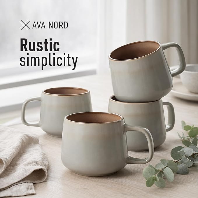 Ava Nord Ceramic Coffee Mugs Set of 4 | 12 oz Stoneware Coffee Cups | Lead-Free, Non-Toxic | Microwave and Dishwasher Safe | Comfortable Handle | Aesthetic Nordic Design for Tea and Latte | Sage Ash