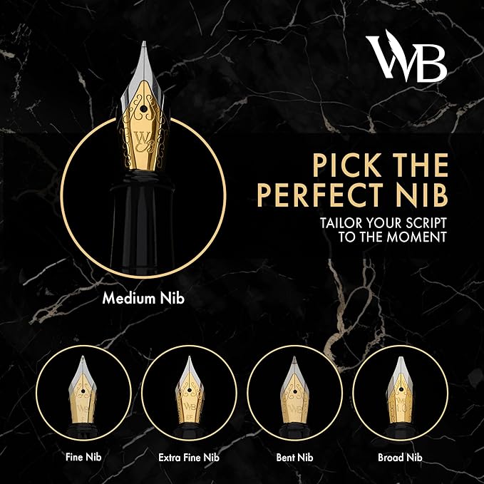 Wordsworth & Black Fountain Pen Set, Broad Nib, Includes 24 Pack Ink Cartridges, Ink Refill Converter & Gift Box, Chrome Finish, Calligraphy, [Black Chrome], Perfect for Men & Women