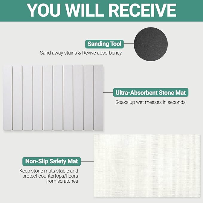 Large Stone Dish Drying Mats for Kitchen Counter, 23"L×15"W, Super Absorbent Fast Drying, Collapsible Diatomaceous Earth Dish Drying Mat - Rectangular, White