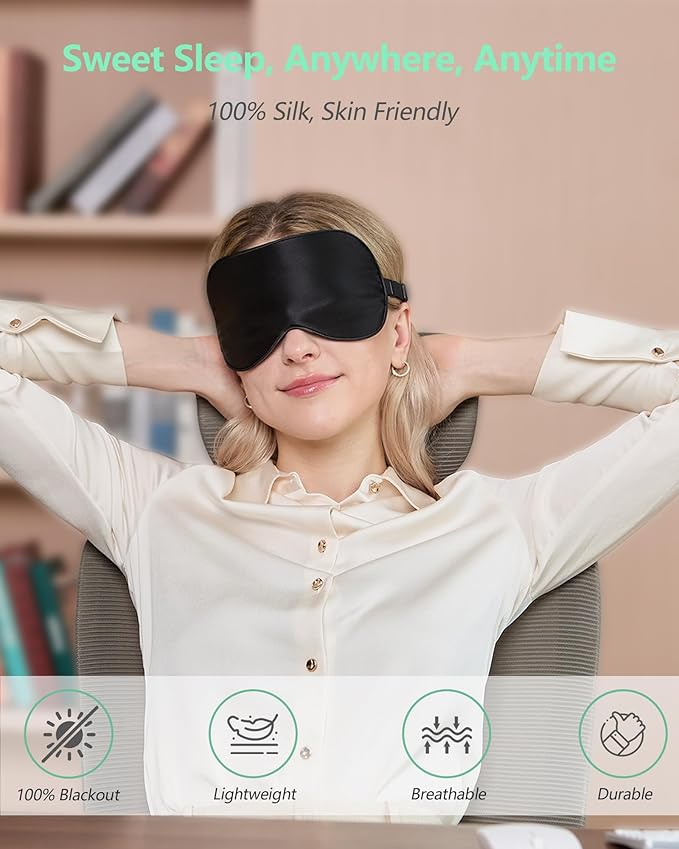 Sleep Mask with Pouch, 2 Pack 100% Real Natural Pure Silk Eye Mask with Adjustable Strap for Sleeping, BeeVines Eye Sleep Shade Cover, Blocks Light Reduces Puffy Eyes Gifts