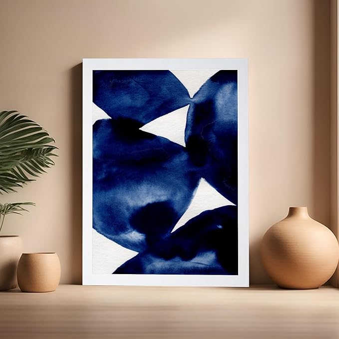 Monem Art Indigo Abstract Watercolor Painting Print - Minimalist Modern Art Poster - Wall Decor for Living Room, Bedroom or Office - 16x20 White Framed Wall Art by Mareike Bohmer