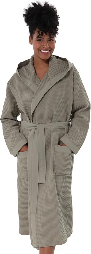 SEYANTE Women's Organic Cotton Waffle Kimono, Hooded Robe – GOTS Certified Lightweight Full-Length Spa Bathrobe with Piping