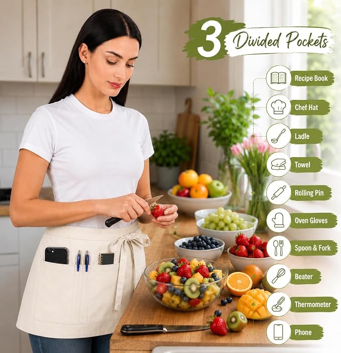 Waist Apron with 3 Pockets Waterdrop Resistant Premium Cotton Waitress Apron 10 Color Option Server Apron Chef Apron (OFF WHITE, PACK OF 12)
