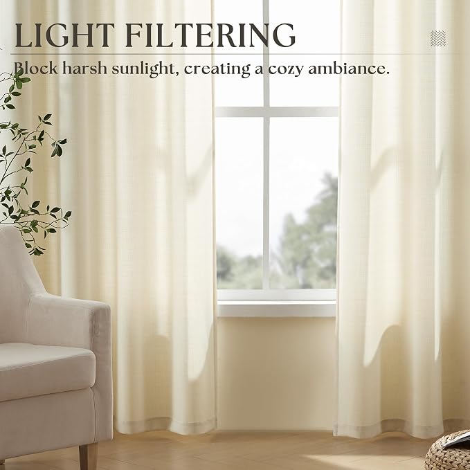 Grommet Linen Curtains 96 Inches Long 2 Panels Set for Living Room Sliding Glass Door Light Filtering Drapes 96 Inch Length Neutral Farmhouse Beige Cream Colored Semi Sheer Curtain for Office 52x96