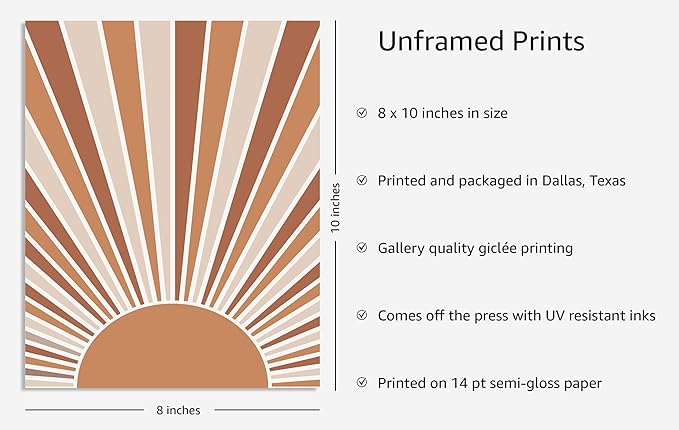 Y2K BOO Boho Rising Sun UNFRAMED Wall Art Sunburst Rays Earth Tones Terracotta Mid Century Modern 8x10 Inch Heavyweight Paper Minimalist Aesthetic Decor
