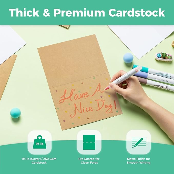 Ohuhu Blank Brown Kraft Cards and Envelopes 100 Pack - 4.25" x 5.5" Folded Cardstock Paper and A2 Envelopes for DIY Greeting Cards Wedding Birthday Invitations Thank You Cards and All Occasions