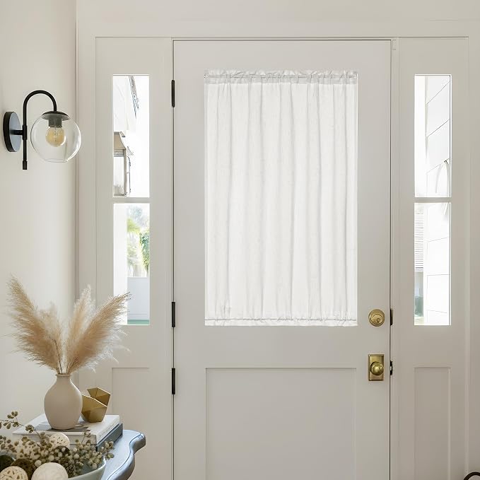 French Small Door Window Curtains 2 Panels Semi Sheer Ivory White 25 x 40 Inches Long Curtains Linen Privacy Front Back Door Curtain Rod Pocket for Kitchen Bedroom Half Curtain Light Filtering