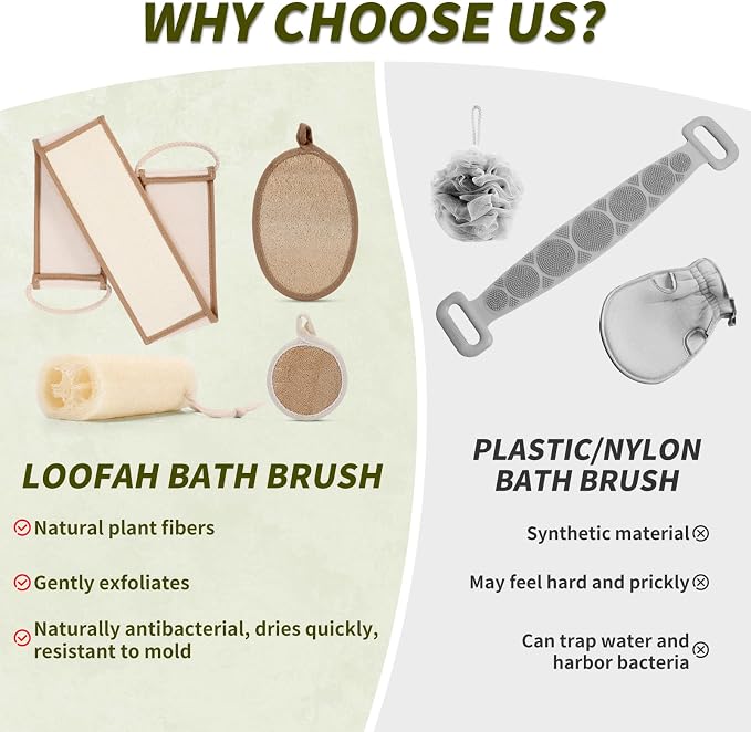 DEBETOOL 4 Piece Natural Loofah Back Scrubber with Face Scrubber Pad for Shower - Exfoliating Loofah for Women and Men Glowing Skin