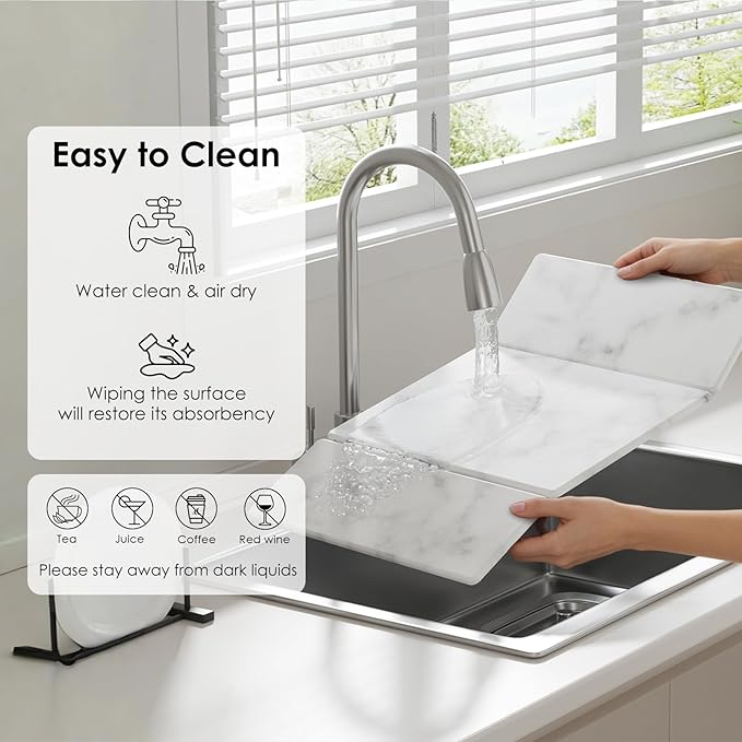 3 PCS Large Stone Dish Drying Mat for Kitchen Counter -24"x16" Absorbent Diatomaceous Earth Mat with Stone Faucet Mat & Soap Tray - Quick Dry, Collapsible, Non-Slip Countertop Organizer
