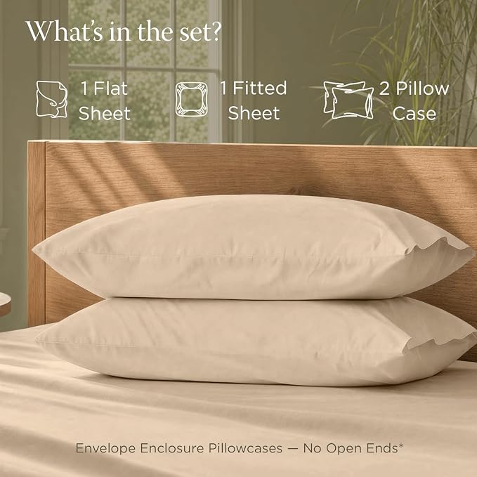 Threadmill 100% Organic Cotton Sheet Set - Full, 4 Piece, Beige - GOTS Certified - Lightweight and Cooling Sheets with All-Around Elastic for Fitted Sheet Upto 16" Deep Pocket