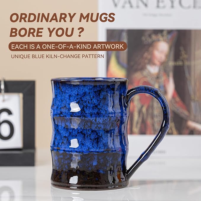 22oz Blue Kiln-Change Ceramic Coffee Mug with Ergonomic Handle, 1340℃ High-Fire Large Mug - Lead-Free, Microwave Safe, Great Gift for Valentine’s/Mother’s Day
