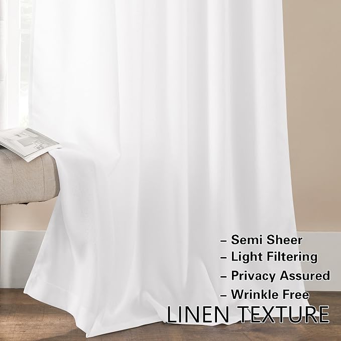 Semi Transparent White Curtains for Kitchen Bathroom French Door Privacy Added 2 Panels Linen Door Curtains W35 x L72 for Cafe Casualsheer Rod Pocket Drapes Light Filtering