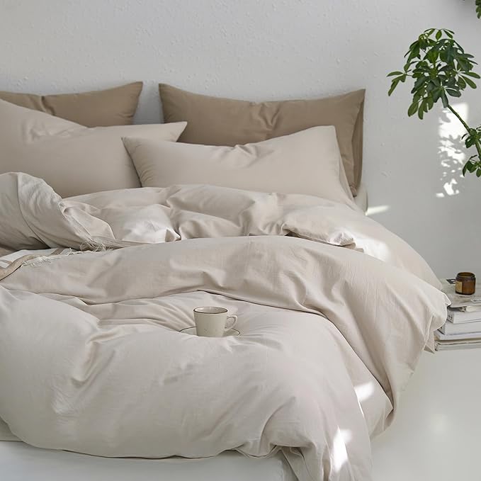 MooMee California King Duvet Cover Set, 100% Washed Cotton Linen Like Twill Thick Sturdy Material Super Soft Breathable Durable Bedding for All Season, 3 Pieces (Cream Grey, Cal King 104"x98")