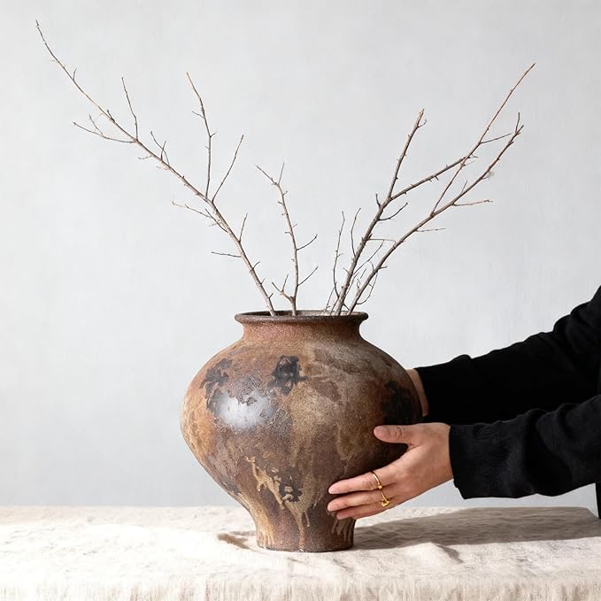 Wabi Sabi Vase 11in, Rustic Ceramic Vase Large, Brown Ceramic Vase, Rustic Vases for Decor Table Centerpiece, Farmhouse Pottery Vases for Home Decor, Vintage Farmhouse Vase