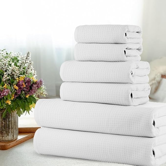 CASA COPENHAGEN Waffle 6Pcs 100% Egyptian Cotton Large Designer Towels Gift Set- Chalk White, 2Bath 2Hand 2Washcloths, Bath Towels for Bathroom (Box Pack, Gift Set for Women & Men)